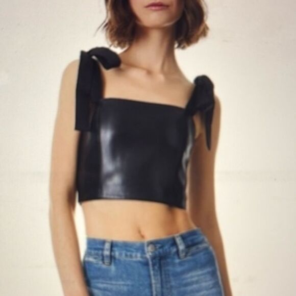 Alice + Olivia Cassidy Vegan Leather Tie Shoulders Top Sz 6 - Picture 3 of 12